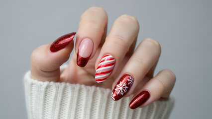 クリスマスネイル キャンディケインと雪の結晶のポップなデザイン