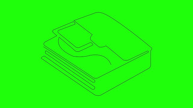 Isometric line animation of a stack of documents with a folder on a green screen background, administration, office, finance, data, or record keeping