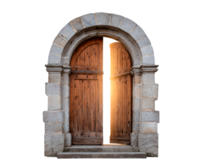 Mysterious wooden doorway with arch and light, mystery and opportunity on transparent background, PNG