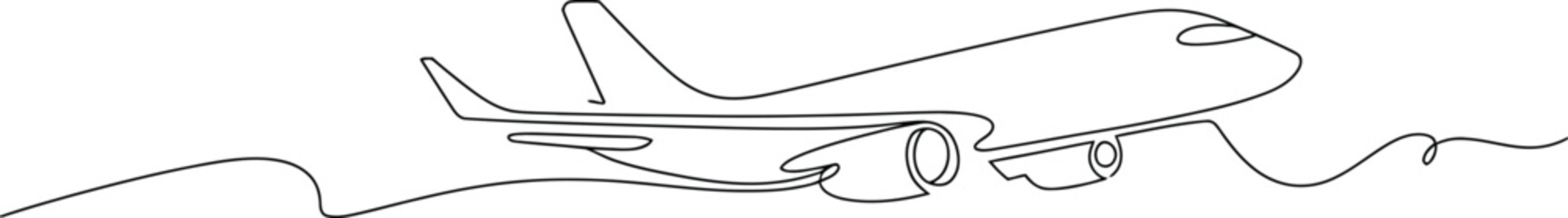 Naklejka premium Continuous line drawing of a modern airplane taking off on white background Vector