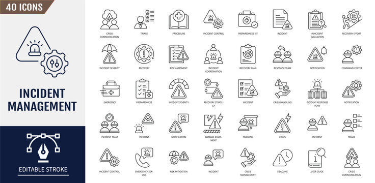 Incident management icon set. Containing alert, report, issue, response, risk, damage, recovery, security, crisis, triage, mitigation and more. Vector illustration