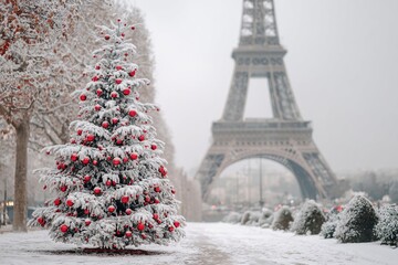 Snow-covered Christmas tree adorned with red ornaments stands in a winter landscape, with the iconic tower in the background, creating a festive holiday atmosphere