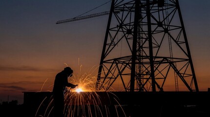 Worker welding metal in silhouette at sunset with sparks flying near an industrial structure and a construction crane in the background