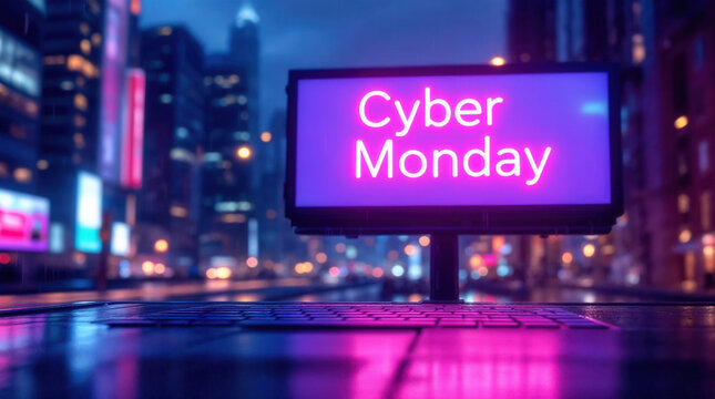 Cyber Monday neon sign on a digital billboard in a futuristic city at night. Online shopping and e-commerce sale promotion - Powered by Adobe