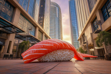Huge fresh salmon sushi lying on urban pavement among skyscrapers