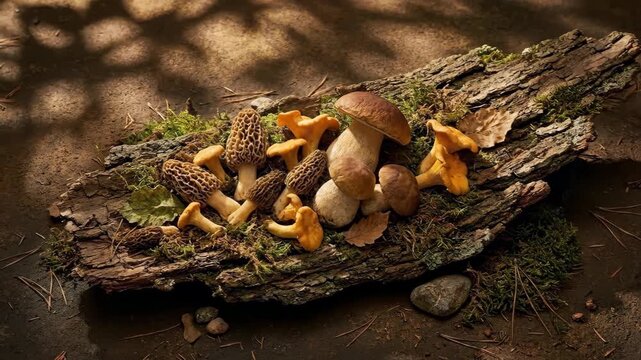Rustic display of edible forest mushrooms with cinematic dappled sunlight