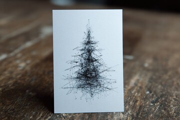 Abstract illustration of a Christmas tree created with intricate black lines on a white card, showcasing artistic design and holiday spirit in a minimalistic style