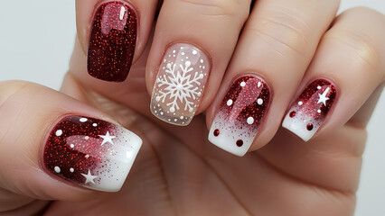 冬のショートネイル 赤と白のグラデーションと雪の結晶