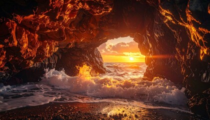 A view from inside a rocky sea cave looking out at a vibrant sunset over the ocean with waves crashing on the shore