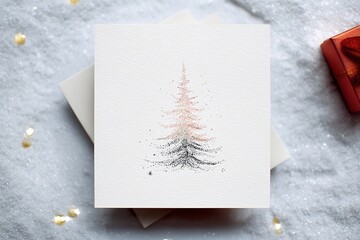 Watercolor illustration of a delicate Christmas tree with soft pink and black hues, surrounded by a snowy background and festive decorations, perfect for holiday greetings