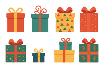 Colorful holiday gift boxes with decorative patterns and ribbons