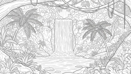 Detailed line art illustration of a serene jungle waterfall with lush tropical foliage and natural