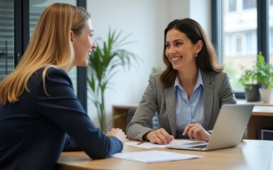 Two business women of young and middle age talking working in Teamwork Finance, Marketing at the office. High quality