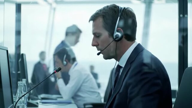 Businessmen working at desks with headset microphones indoors