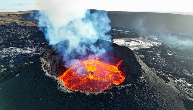 An aerial view of an active volcanos crater filled with bubbling molten lava emitting smoke over a dark rocky landscape - Powered by Adobe