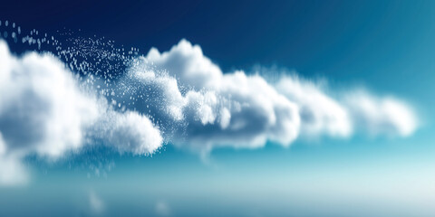 White cloud dispersing into digital particles against gradient blue sky background scene.