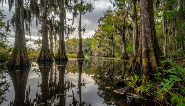 Cypress trees draped in Spanish moss stand in calm swamp water creating clear reflections under a cloudy sky