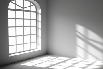 realistic illustration of empty room with arched window shadow on white background for minimalistic interior design concept