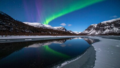 The Aurora Borealis in vibrant green and purple hues arcs over a snowcovered mountain valley and reflects in a partially frozen lake
