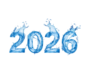 Crystal clear water splashing 2026 design for new year visuals and greetings on transparent background, PNG