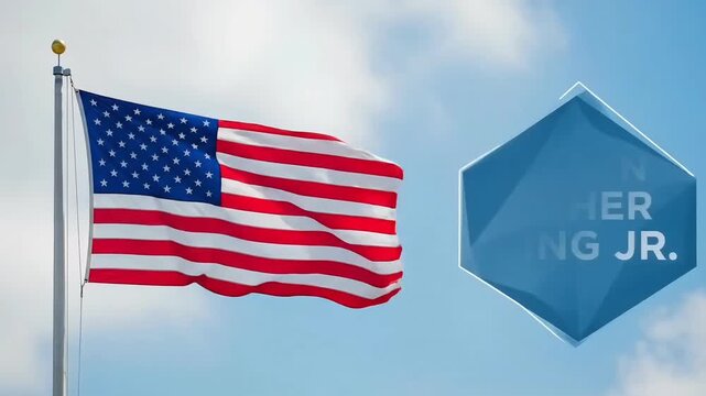 Martin Luther King Day concept animated patriotic background with United States flag waving on flagpole under blue sky representing civil rights freedom equality justice unity democracy national 