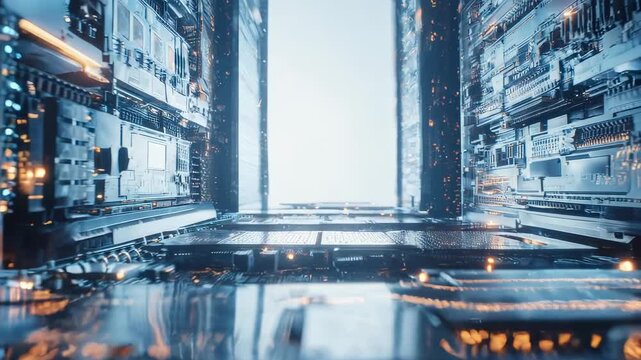 ideo journey inside a futuristic supercomputer, starting with a detailed, cold-lit view of AI circuits