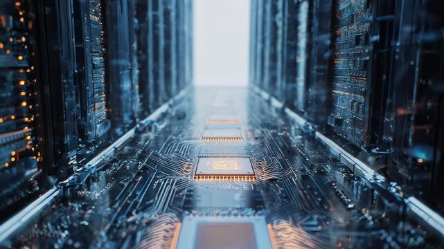 ideo journey inside a futuristic supercomputer, starting with a detailed, cold-lit view of AI circuits