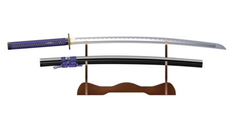 Samurai Warrior's Blade: A katana, a symbol of honor and martial prowess, rests gracefully on a wooden stand. The blade gleams with a polished finish, ready to tell its story.