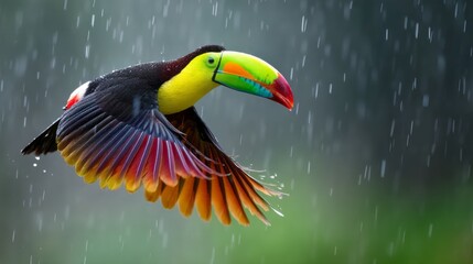 Obraz premium A stunning toucan soars gracefully through the rain, showcasing its bright beak and colorful feathers. The lush background enhances its vibrant presence in nature