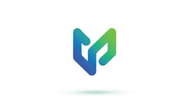 Modern abstract geometric logo icon with a blue and green gradient, featuring an interlocking "M" or "V" shape with rounded terminals. Minimalist professional design representing synergy, growth.