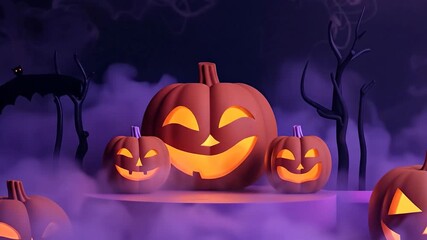 Glowing jack-o'-lantern pumpkins in purple fog on Halloween night.