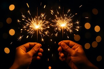 Golden sparklers glowing in hands against a dark festive background.
