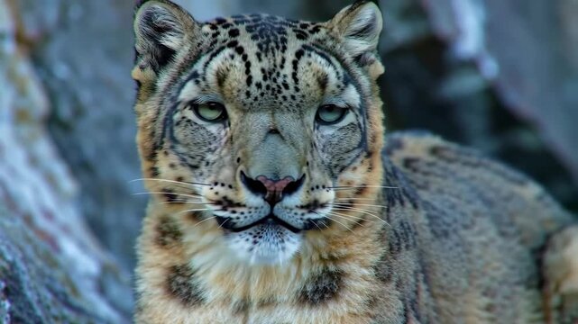 Portrait of a snow leopard looking at camera, shallow depth of field.