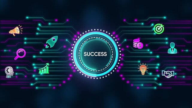 Circular digital interface with icons representing business concepts and the word SUCES on a circuit board background