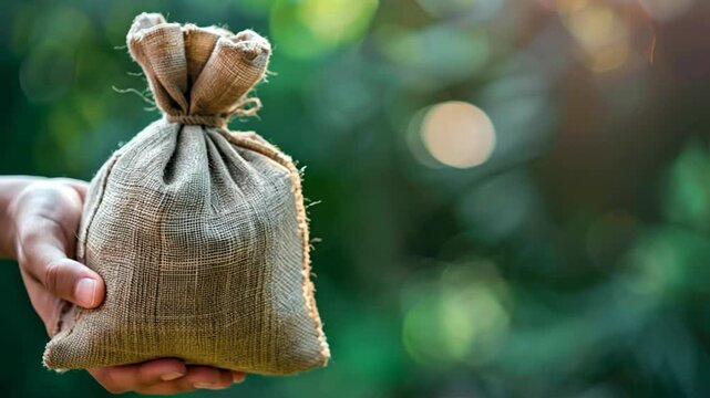 Hand Holding Burlap Money Bag Symbolizing Financial Savings.