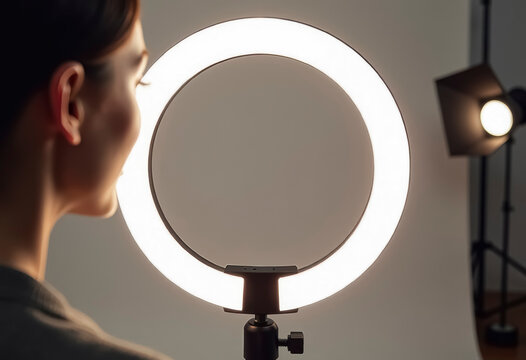 The LED ring light is on, and the model's face is in the foreground, blurred