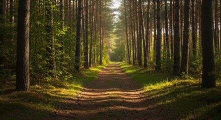 Obraz premium Sunlit Path Through Lush Green Forest