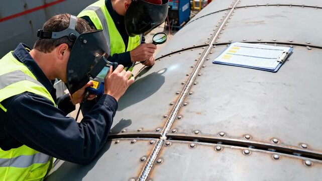 Medium shot of fabricators inspecting weld seams on a steel hull emphasizing quality control and structural integrity in maritime manufacturing.
