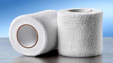 Healthcare bandages arranged precisely beneath gentle blue lighting on wood table