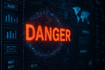 Digital Danger Alert Cybersecurity Threat Warning on Futuristic Interface.