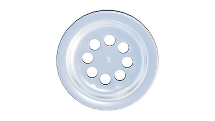 3D render of a circular metallic drain cover with eight holes, viewed from above on transparent background. Ideal for plumbing, industrial design, or household product visuals. png