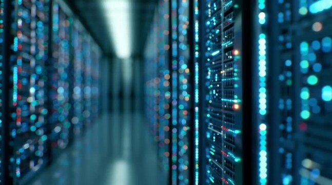 Rows of server racks with colorful lights in a data center