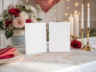 Elegant romantic invitation card mockup with flowers candles and festive table