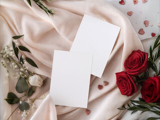 Romantic invitation card mockup with roses soft fabric and delicate heart decor