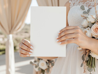 Wedding invitation card mockup held by bride with bouquet and elegant decor