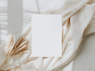 Minimal invitation card mockup with soft fabric drapery and dried wheat
