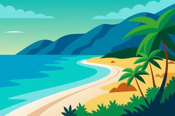 Obraz premium Tropical beach landscape with palm trees and blue ocean waves