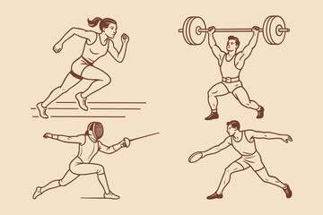 Fototapeta premium Vintage sports illustration with American athletes in action for fitness training, competition and sports branding. Vector illustration.