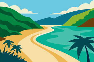 Tropical river landscape with mountains palm trees and blue sky