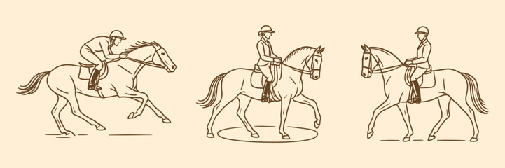 Vintage equestrian sports with riders and horses for competition, training, horse club and riding school design. Vector illustration.